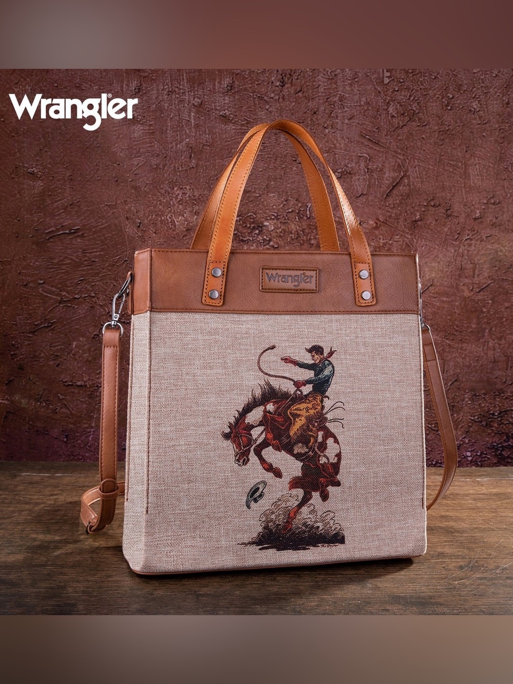 Wrangler Canvas Bucking Bronc Tote, PV Trim,leather handles, Xbody strap, unworn - Picture 4 of 14